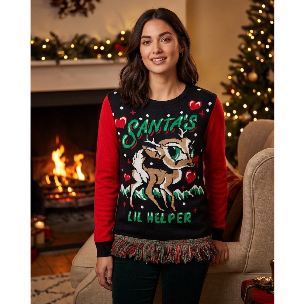 Ugly Christmas Sweater M Santas Lil Helper Reindeer Fringe Pullover Medium